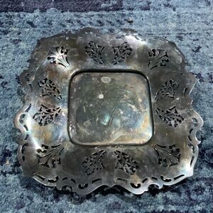 Vintage silver plated ornate 10” square w scrollwork detailing plate or dish
